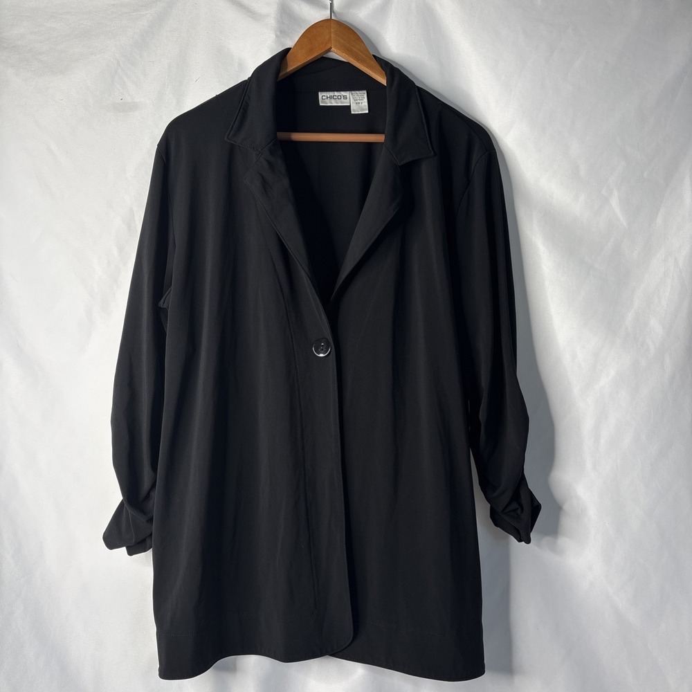 Chicos Women's 3 (16) Black One Button Blazer Jacket Ruched Sleeves‎